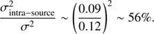 $$ \begin{aligned} {\frac{\sigma ^2_{\rm intra-source}}{\sigma ^2} \sim \left({\frac{0.09}{0.12}}\right)^2\sim 56\%} .\end{aligned} $$