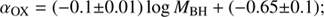 $$ \begin{aligned} \alpha _{\rm OX}=(-0.1{\pm }0.01)\log {M_{\rm BH}}+(-0.65{\pm }0.1); \end{aligned} $$