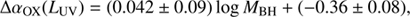 $$ \begin{aligned} {\Delta \alpha _{\rm OX}(L_{\rm UV})=(0.042\pm 0.09)\log {M_{\rm BH}}+(-0.36\pm 0.08)} , \end{aligned} $$