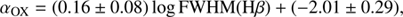 $$ \begin{aligned} {\alpha _{\rm OX}=(0.16 \pm 0.08)\log {\mathrm{FWHM}(\mathrm{H}{\beta })}+(-2.01 \pm 0.29)},\end{aligned} $$