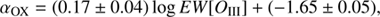 $$ \begin{aligned} {\alpha _{\rm OX}=(0.17\pm 0.04)\log {EW[O_{\rm III}]}+(-1.65\pm 0.05)}, \end{aligned} $$