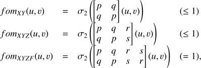 $$ \begin{aligned} \begin{array}{llll} fom_{XY}(u,\upsilon)&= \sigma _2\left(\begin{bmatrix} p&q \\ q&p\end{bmatrix} (u,\upsilon)\right)&(\le 1)\\ fom_{XYZ}(u,\upsilon)&= \sigma _2\left(\begin{bmatrix} p&q&r \\ q&p&s \end{bmatrix} (u,\upsilon)\right)&(\le 1)\\ fom_{XYZF}(u,\upsilon)&= \sigma _2\left(\begin{bmatrix} p&q&r&s\\ q&p&s&r \end{bmatrix} (u,\upsilon)\right)&(= 1), \end{array} \end{aligned} $$