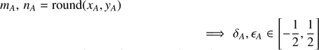 $$ \begin{aligned} m_A,\,n_A = \mathrm{round} (x_A, {y}_A)\\ \implies \delta _A, \epsilon _A \in \left[-\frac{1}{2}, \frac{1}{2}\right] \end{aligned} $$