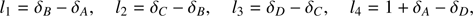 $$ \begin{aligned} l_1 = \delta _B - \delta _A,\quad l_2 = \delta _C - \delta _B,\quad l_3 = \delta _D-\delta _C,\quad l_4 = 1 + \delta _A - \delta _D, \end{aligned} $$