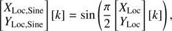$$ \begin{aligned} \begin{bmatrix} X_{\rm Loc, Sine} \\ Y_{\rm Loc, Sine} \end{bmatrix}[k] = \sin \left(\dfrac{\pi }{2} \begin{bmatrix}X_{\rm Loc}\\ Y_{\rm Loc} \end{bmatrix}[k]\right), \end{aligned} $$