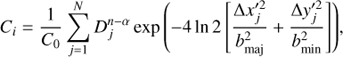 $${C_i} = {1 \over {{C_0}}}\sum\limits_{j = 1}^N {D_j^{n - a}\exp \left( { - 4\ln 2\left[ {{{\Delta x'_j^2} \over {b_{{\rm{maj}}}^2}} + {{\Delta y'_j^2} \over {b_{{\rm{min}}}^2}}} \right]} \right)} ,$$