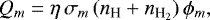 \begin{equation*}Q_{m} = \eta\,\sigma_{m}\,({n_{\textrm{H}}}&#x002B;{n_{\textrm{H}_2}})\,\phi_{m}, \end{equation*}