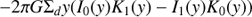 $$ - 2\pi G{\sum _d}y\left( {{I_0}\left( y \right){K_1}\left( y \right) - {I_1}\left( y \right){K_0}\left( y \right)} \right)$$