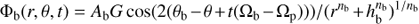 $${\Phi _{\rm{b}}}(r,\theta ,t) = {A_{\rm{b}}}G\cos (2({\theta _{\rm{b}}} - \theta + t({\Omega _{\rm{b}}} - {\Omega _{\rm{p}}})))/{({r^{{n_{\rm{b}}}}} + h_{\rm{b}}^{{n_{\rm{b}}}})^{1/{n_{\rm{b}}}}},$$