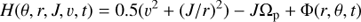 $$H(\theta ,r,J,v,t) = 0.5({v^2} + {(J/r)^2}) - J{\Omega _{\rm{p}}} + \Phi (r,\theta ,t),$$