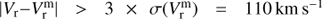 $$\left| {{V_{\rm{r}}} - V_{\rm{r}}^{\rm{m}}} \right| > 3 \times \sigma \left( {V_{\rm{r}}^{\rm{m}}} \right) = 110\;{\rm{km}}\;{{\rm{s}}^{ - 1}}$$