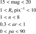 $$ \begin{aligned}&\mathrm{15 }<\mathrm{mag }<\mathrm{20} \\&\mathrm{1 }<R_{\rm e}\,\mathrm{pix^{-1}} < 10\\&1 < n < 8\\&\mathrm{0.3 }<ar< 1\\&\mathrm{0 }<pa<\mathrm{90} \end{aligned} $$
