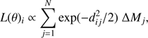 $$ \begin{aligned} L(\theta )_i \propto \sum _{j=1}^N \exp (-d_{ij}^2/2) \; \Delta M_j , \end{aligned} $$
