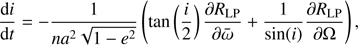$$ \begin{aligned} \frac{\mathrm{d}i}{\mathrm{d}t}=-\frac{1}{na^{2}\sqrt{1-e^{2}}}\left(\tan \left(\frac{i}{2}\right)\frac{\partial R_{\rm LP}}{\partial \bar{\omega }}+\frac{1}{\sin (i)}\frac{\partial R_{\rm LP}}{\partial \Omega }\right), \end{aligned} $$