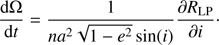 $$ \begin{aligned} \frac{\mathrm{d}\Omega }{\mathrm{d}t}=\frac{1}{na^{2}\sqrt{1-e^{2}}\sin (i)}\frac{\partial R_{\rm LP}}{\partial i}\cdot \end{aligned} $$
