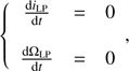 $$ \begin{aligned} \left\{ \begin{array}{ccl} \frac{\mathrm{d}i_{\rm LP}}{\mathrm{d}t}&= 0\\ \\ \frac{\mathrm{d}\Omega _{\rm LP}}{\mathrm{d}t}&= 0 \end{array}{,}\right. \end{aligned} $$