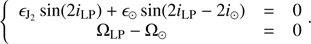 $$ \begin{aligned} \left\{ \begin{array}{ccl} \epsilon _{\rm J_{2}}\sin (2i_{\rm LP})+\epsilon _{\odot }\sin (2i_{\rm LP}-2i_{\odot })&= 0\\ \Omega _{\rm LP}-\Omega _{\odot }&= 0 \end{array}\!{\cdot }\right. \end{aligned} $$