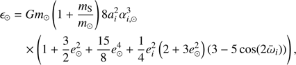 $$ \begin{aligned} \epsilon _{\odot }&=Gm_{\odot }\left(1+\frac{m_{\rm S}}{m_{\odot }}\right)8a_{i}^{2}\alpha _{i, \odot }^{3}\nonumber \\&\quad \times \left(1+\frac{3}{2}e_{\odot }^{2}+\frac{15}{8}e_{\odot }^{4}+\frac{1}{4}e_{i}^{2}\left(2+3e_{\odot }^{2}\right)\left(3-5\cos (2\bar{\omega }_{i})\right)\right) , \end{aligned} $$