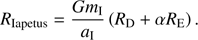 $$ \begin{aligned} R_{\rm Iapetus}=\frac{Gm_{\rm I}}{a_{\rm I}}\left(R_{\rm D}+\alpha R_{\rm E}\right). \end{aligned} $$