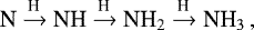 \begin{equation*} \textrm{N}\xrightarrow{\textrm{H}}\textrm{NH}\xrightarrow{\textrm{H}}{\textrm{NH}_2}\xrightarrow{\textrm{H}}{\textrm{NH}_3}\,, \end{equation*}