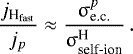 \begin{equation*}\frac{j_{{\textrm{H}_{\textrm{fast}}}}}{j_{p}}\approx\frac{\upsigma^{p}_{\textrm{e.c.}}}{\upsigma^{\textrm{H}}_{\textrm{self-ion}}}\,. \end{equation*}