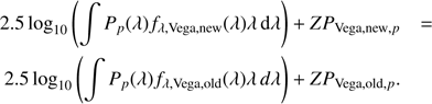 $$ \begin{aligned}&2.5\log _{10}\left(\int P_p(\lambda )f_{\lambda ,\mathrm{Vega,new}}(\lambda )\lambda \,\mathrm{d}\lambda \right) + {ZP}_{\mathrm{Vega,new},p} = \nonumber \\&2.5\log _{10}\left(\int P_p(\lambda )f_{\lambda ,\mathrm{Vega,old}}(\lambda )\lambda \,d\lambda \right) + {ZP}_{\mathrm{Vega,old},p}. \end{aligned} $$