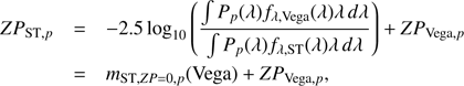 $$ \begin{aligned} {ZP}_{\mathrm{ST},p}&= -2.5\log _{10}\left(\frac{\int P_p(\lambda )f_{\lambda ,\mathrm{Vega}}(\lambda )\lambda \,d\lambda }{\int P_p(\lambda )f_{\lambda ,\mathrm{ST}}(\lambda )\lambda \,d\lambda }\right) + {ZP}_{\mathrm{Vega},p} \nonumber \\&= m_{\mathrm{ST},ZP=0,p}(\mathrm{Vega}) + {ZP}_{\mathrm{Vega},p}, \end{aligned} $$