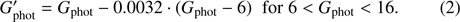 $$ \begin{aligned} {G^{\prime }_{\mathrm{phot}}}= {G_{\mathrm{phot}}}- 0.0032 \cdot ({G_{\mathrm{phot}}}-6) \;\; \mathrm{for} \; 6 < {G_{\mathrm{phot}}}< 16. \end{aligned} $$