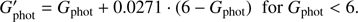$$ \begin{aligned} {G^{\prime }_{\mathrm{phot}}}= {G_{\mathrm{phot}}}+ 0.0271 \cdot (6-{G_{\mathrm{phot}}}) \;\; \mathrm{for} \; {G_{\mathrm{phot}}}< 6. \end{aligned} $$