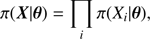 $$ \begin{aligned} \pi (\boldsymbol{X}|\boldsymbol{\theta }) = {\prod _{i}} \pi ({X_{i}}|\boldsymbol{\theta }), \end{aligned} $$