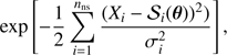 $$ \begin{aligned} \exp \left[ -\frac{1}{2}\sum _{i=1}^{{n}_{\mathrm{ns} }} \frac{(X_i - {\mathcal{S} }_{i}(\boldsymbol{\theta }))^{2})}{\sigma _{i}^{2}} \right], \end{aligned} $$