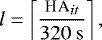 \begin{align*} l = \left\lceil{\frac{\textsc{ha}_{it}}{320 \rm{~s}}}\right\rceil, \end{align*}
