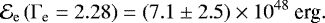 \begin{equation*} \mathcal{E}_{\mathrm{e}} \left({\mathrm{\Gamma}}_{\textrm{e}}=2.28\right)= \left(7.1 \pm 2.5 \right)\times 10^{48}\ \textrm{erg}. \end{equation*}