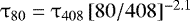$\tau_{\mathrm{80}}=\tau_{\mathrm{408}}\, [80/408]^{-2.1}$
