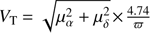$ V_\mathrm T=\sqrt{\mu_\alpha^2+\mu_\delta^2}\times\frac{4.74}\varpi $