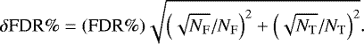 \begin{equation*}\delta {\textrm{FDR}}\% = (\textrm{FDR}\%) \sqrt{\left(\sqrt{N_{\rm{F}}}/N_{\rm{F}}\right)^2 &#x002B; \left(\sqrt{N_{\rm{T}}}/N_{\rm{T}}\right)^2}. \end{equation*}