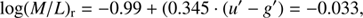 $$ \begin{aligned} \mathrm{log}(M/L)_{\rm r} = {-}0.99 + (0.345 \cdot (u^{\prime }-{g}^{\prime }) = {-}0.033, \end{aligned} $$