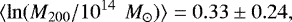 \begin{equation*} \langle \ln (M_{200} /10^{14}~{{\, M_{\odot}}} )\rangle = 0.33 \pm 0.24, \end{equation*}
