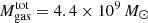 $ M_{\mathrm{gas}}^{\mathrm{tot}}=4.4 \times 10^{9}\,M_{\odot} $