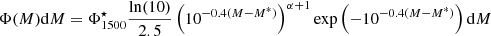 $$ \begin{aligned} \Phi (M) \mathrm{d}M = \Phi ^{\star }_{1500} \frac{\mathrm{ln}(10)}{2.5} \left(10^{-0.4(M-M^*)}\right)^{\alpha +1} \exp \left(-10^{-0.4(M-M^*)}\right) \mathrm{d}M \end{aligned} $$