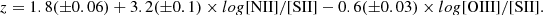 $$ z=1.8{(\pm0.06)}+3.2(\pm0.1)\times log{\lbrack\text{NII}\rbrack/}\lbrack\text{SII}\rbrack-0.6{(\pm0.03)}\times log{\lbrack\text{OIII}\rbrack}/\lbrack\text{SII}\rbrack. $$