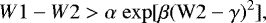 \begin{equation*}W1 - W2 > \alpha \ \rm{exp}[\beta (W2 - \gamma)^2] ,\end{equation*}