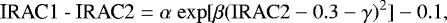 \begin{equation*}\textrm{IRAC1 - IRAC2} = \alpha \ \rm{exp}[\beta ({IRAC}2 - 0.3 - \gamma)^2] - 0.1 ,\vspace*{1pt}\end{equation*}