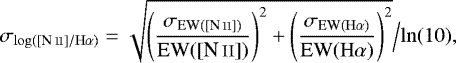 \begin{equation*}\sigma_{\rm{log([\ion{N}{II}]/H}\alpha\rm{)}} = \sqrt{\left(\frac{\sigma_{\rm{EW([\ion{N}{II}])}}}{\rm{EW([\ion{N}{II}])}}\right)^2 &#x002B; \left(\frac{\sigma_{\rm{EW(H}\alpha\rm{)}}}{\rm{EW(H}\alpha\rm{)}}\right)^2} \Big/ \rm{ln}(10), \end{equation*}