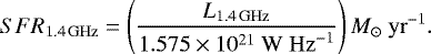 \begin{equation*} SFR_{\rm{1.4\,GHz}} = \left(\frac{L_{\rm{1.4\,GHz}}}{1.575 \times 10^{21} \ \rm{W} \ \rm{Hz}^{-1}}\right) M_{\odot} \ \rm{yr}^{-1}. \end{equation*}