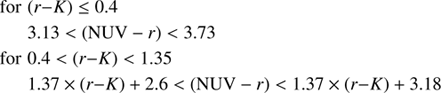 $$ \begin{aligned}&\mathrm{for}\,\, (r{-}K)\le 0.4 \nonumber \\&\,\,\,\,\,\,\,\,\, 3.13<(\mathrm{NUV}-r) <3.73 \nonumber \\&\mathrm{for}\,\, 0.4<(r{-}K)<1.35\nonumber \\&\,\,\,\,\,\,\,\,\, 1.37 \times (r{-}K) + 2.6 < (\mathrm{NUV}-r) < 1.37 \times (r{-}K) + 3.18 \end{aligned} $$