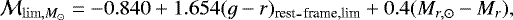 \begin{equation*} \mathcal{M}_{{\rm{lim}},M_{\odot}}=-0.840&#x002B;1.654(g-r)_{{\textrm{rest}_{\hbox{-}}\textrm{frame,lim}}} &#x002B; 0.4(M_{r,\odot} - M_r),\end{equation*}
