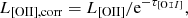 $$ \begin{aligned} L_\mathrm{[OII],corr} = L_\mathrm{[OII]} /\mathrm{e}^{-\tau _{[\mathrm{O} \mathtt II ]}}, \end{aligned} $$