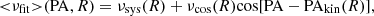 $$ \begin{aligned} {<}\nu _{\rm fit}{>}({\mathrm{PA} },R)=\nu _{\rm sys}(R)+\nu _{\rm cos}(R)\mathrm{cos}[{\mathrm{PA} -\mathrm{PA} _{\rm kin}}(R)], \end{aligned} $$