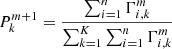 $$ \begin{aligned} P_{k}^{m+1} = \frac{\sum _{i=1}^{n}{\Gamma _{i,k}^{m}}}{\sum _{k=1}^{K}{\sum _{i=1}^{n}{\Gamma _{i,k}^{m}}}} \end{aligned} $$